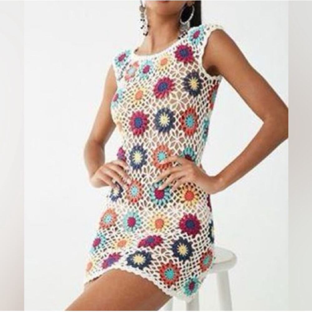 Forever 21 White Crochet Floral Swim Coverup with Multicolor Flowers